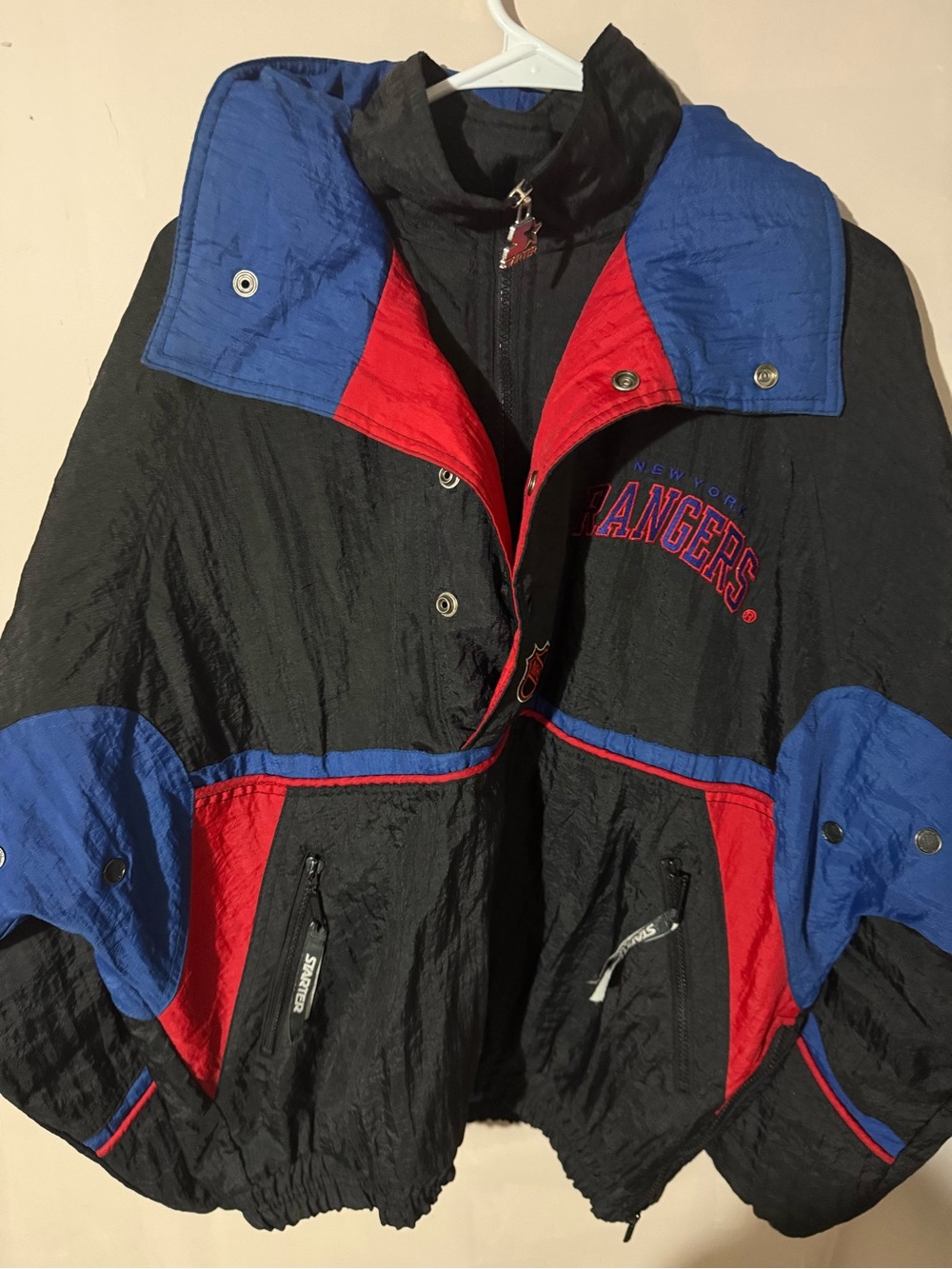 Black Bomber Jacket with Blue & Red Trim - New York Rangers Style - Picture 3 of 16